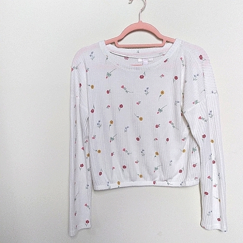 LC Lauren Conrad Cropped Waffle Knit Floral Thermal Pajama Top Size XS